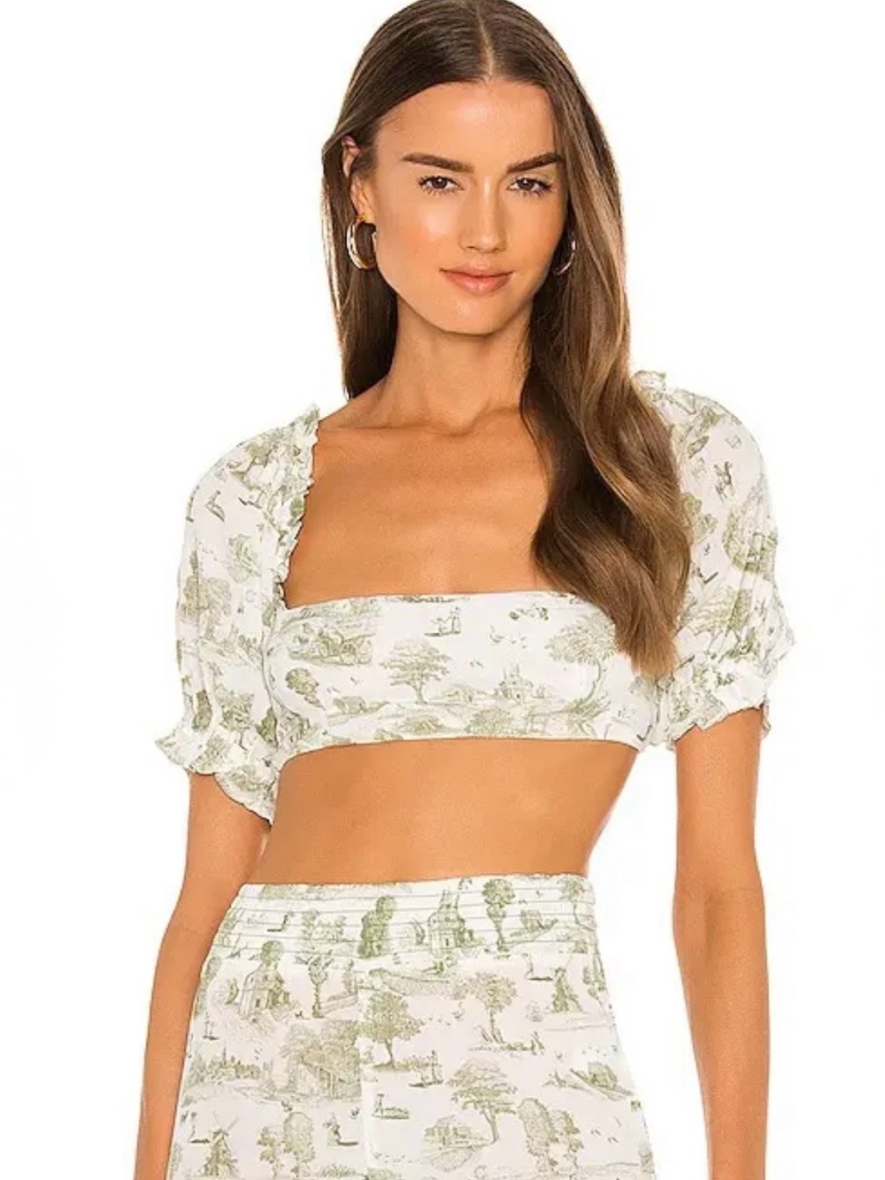 WeWoreWhat Coco Top White & Sage Toile Puff Sleeve